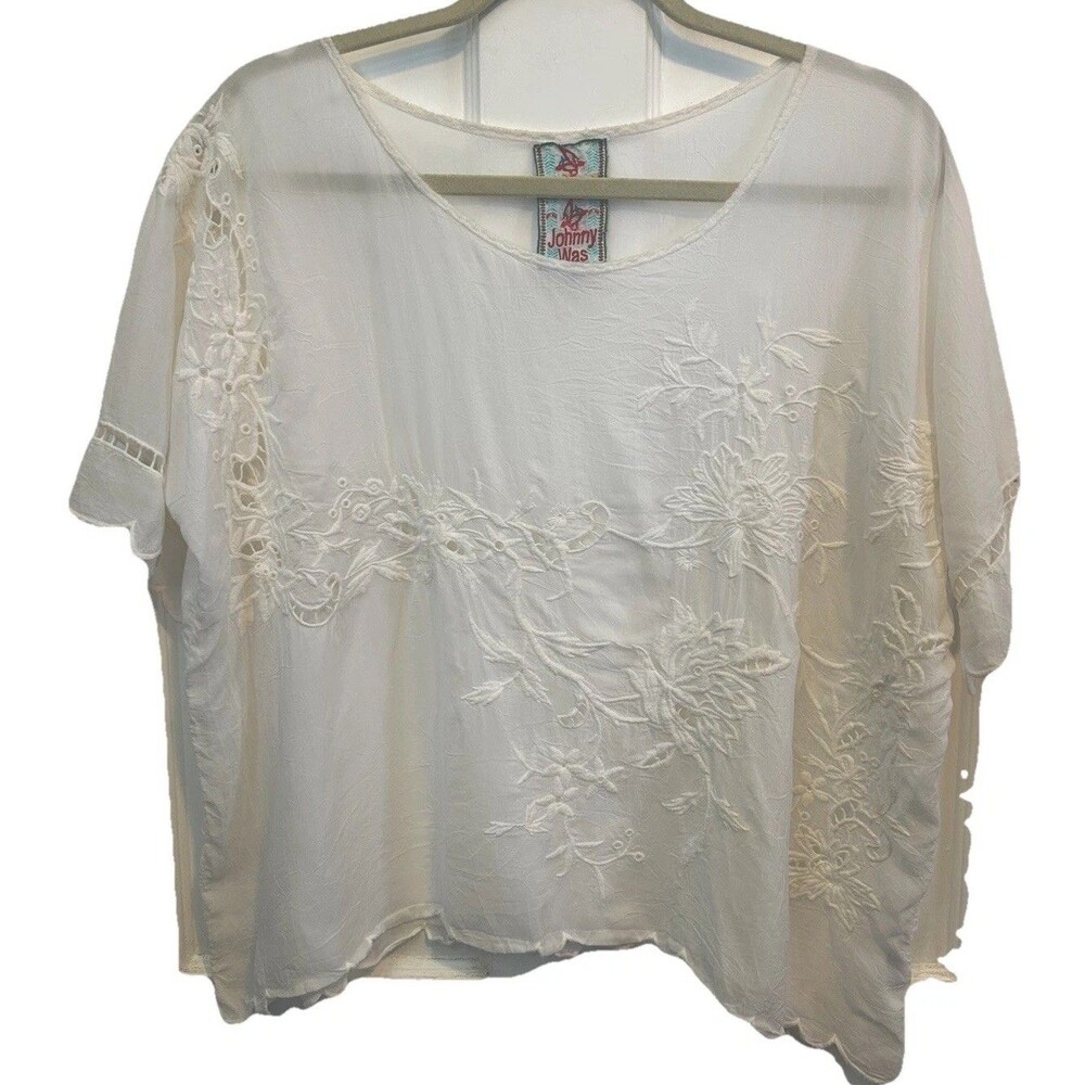 Johnny Was Sheer Cupro White Embroidered Eyelet Short Sleeve Top Boho Floral S
